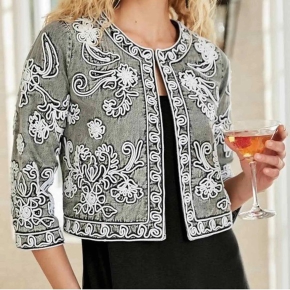 Soft Surroundings Gray Acid Wash Wildwood Bolero Floral Career  Jacket Size 1X - Picture 1 of 11